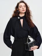 audreyyang Shape Retaining Loose Long Lantern Sleeve Pullover Navy Polyester Women Blouses