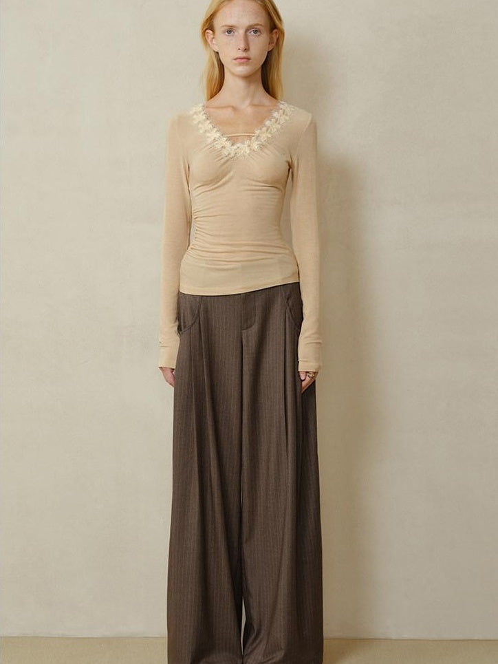 someonesometimes Shape Retaining Pleated Natural Waist Brown Striped Poly Stretch Wide Leg Pants