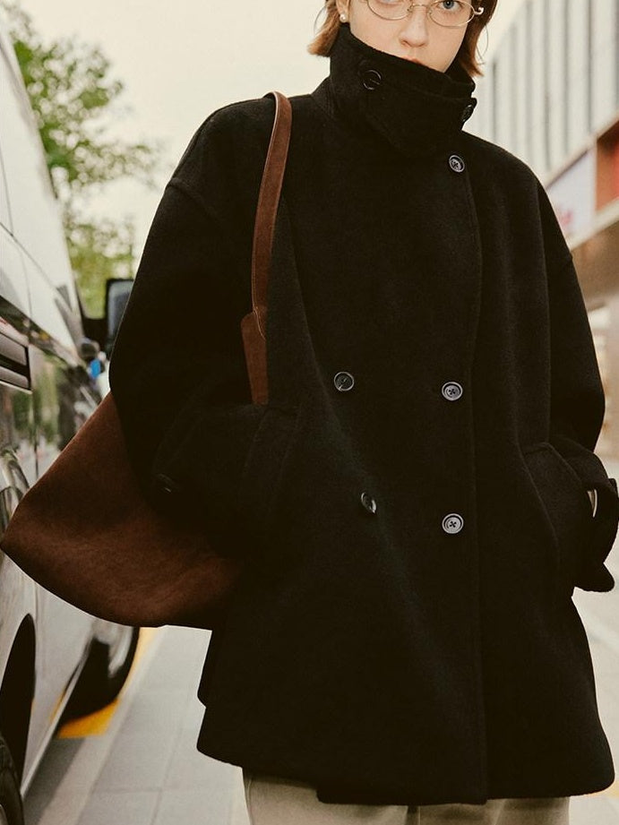 fano Double Breasted Stand Collar Commuter Loose Fit Women Black Pocket Wool Coats