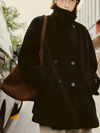 fano Double Breasted Stand Collar Commuter Loose Fit Women Black Pocket Wool Coats