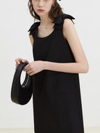 fano Minimal Bow High Waist A Line Sleeveless Round Neck Workwear Black Midi Dresses
