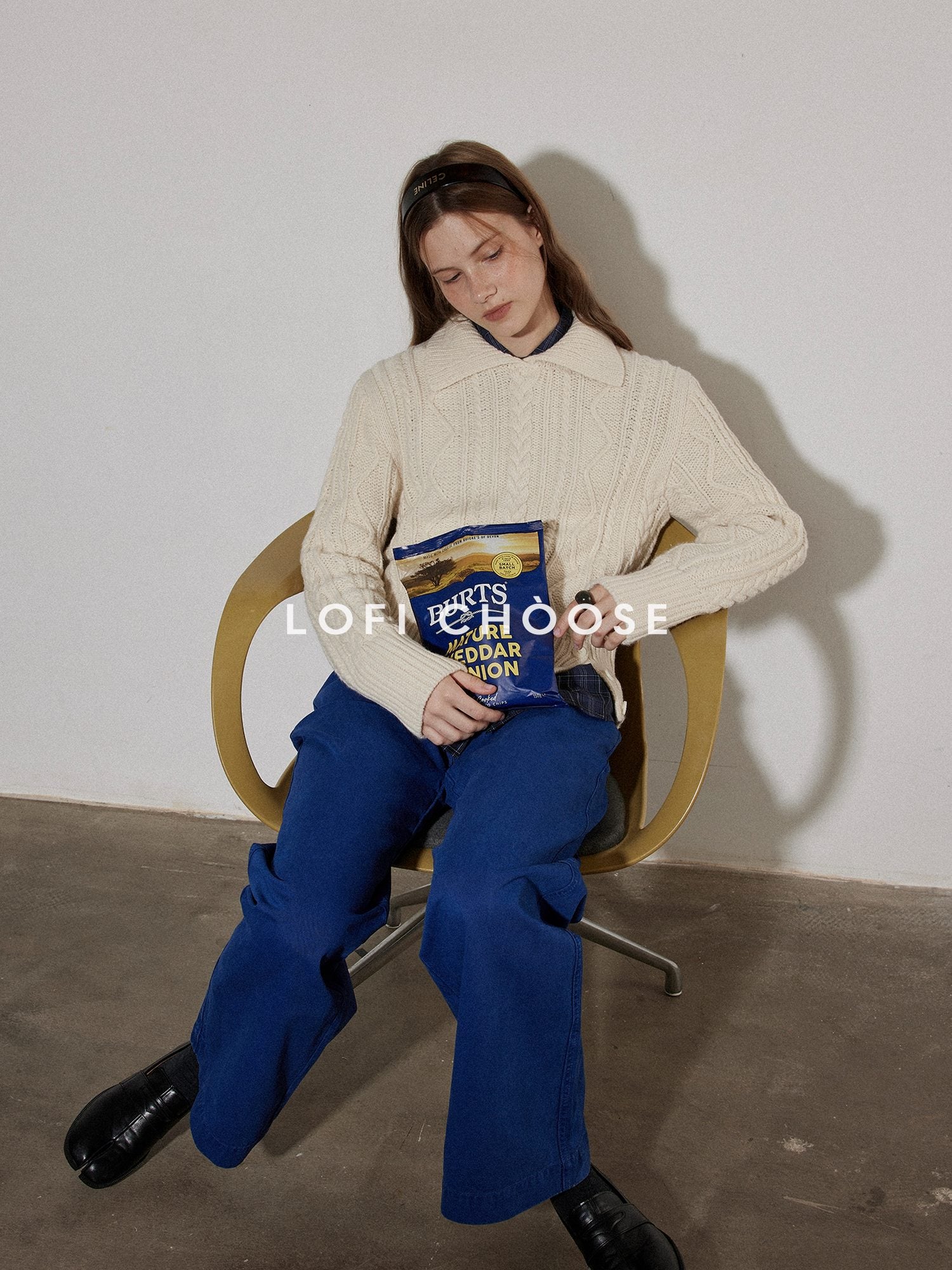Lofi choose Cozy Pullover Relaxed Fit Commuter Office Knit Long Sleeve Beige Navy Sweaters