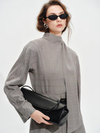 audreyyang Non Deforming Loose Plaid High Neck Long Sleeve Women Grey Top & Shorts Sets