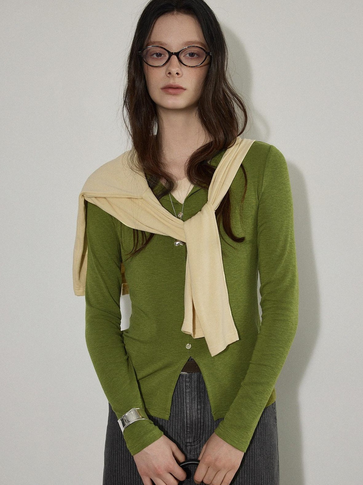 Lofi choose Cotton Stretch V-neck Slim Fit Office Women Yellow Green Long Sleeve T-Shirts