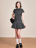 ikyou Breathable 100 Percent Cotton Embroidered A Line Polo Utility Gray Midi Dresses