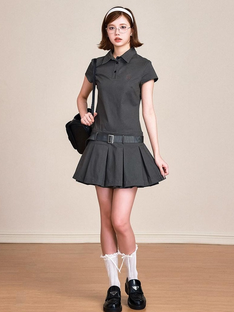 ikyou Breathable 100 Percent Cotton Embroidered A Line Polo Utility Gray Midi Dresses