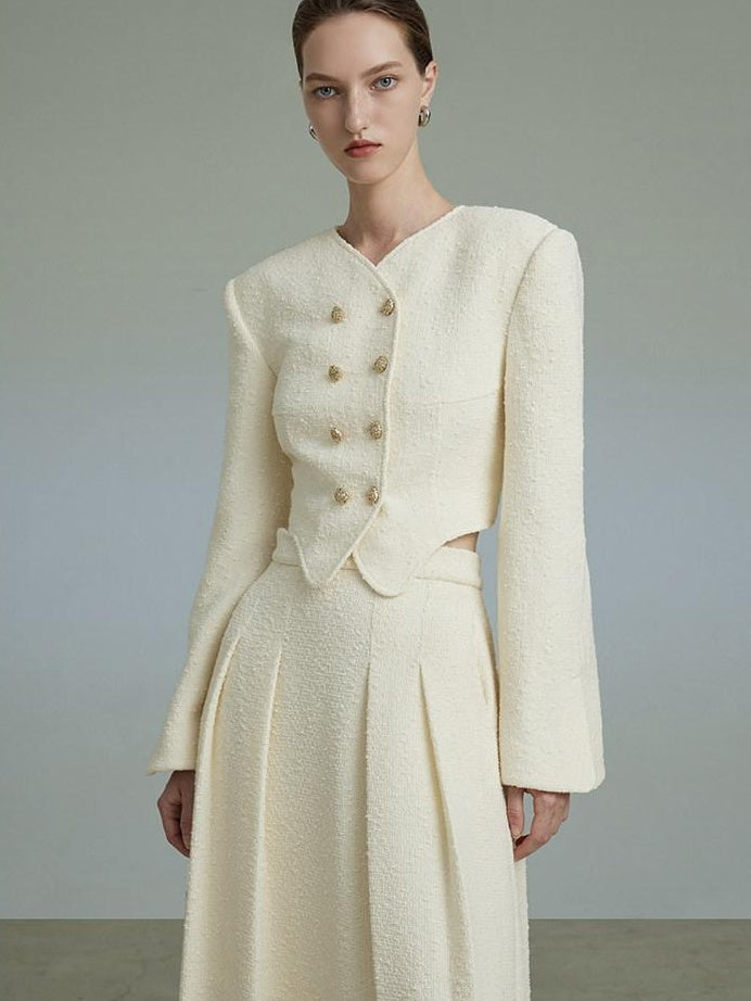 unspoken Original Design Double Breasted Cream Straight Fit Long Sleeve Top & Skirt Sets