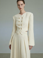 unspoken Original Design Double Breasted Cream Straight Fit Long Sleeve Top & Skirt Sets
