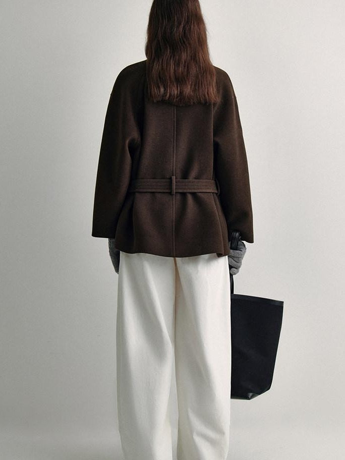 fano Minimal Commuter Straight Midlength Stand Collar Pocket Toggle Women Short Coat