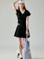 fano Chic V-neck Short Sleeve Two Piece Women Matching Set Top & Skirt Sets