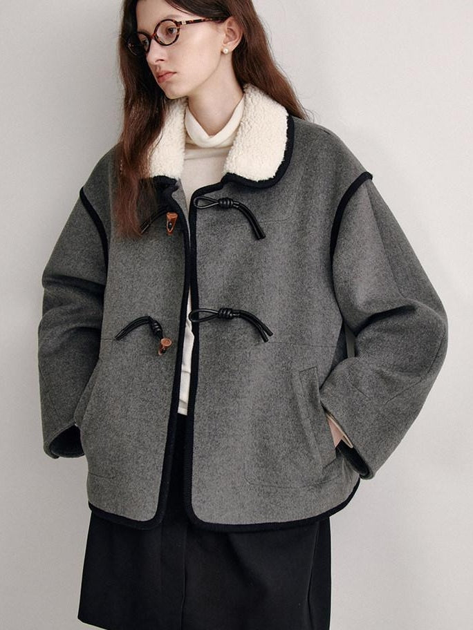 fano Wool Blend Toggle Pocket Straight Minimal Workwear Women Heather Gray Short Coat