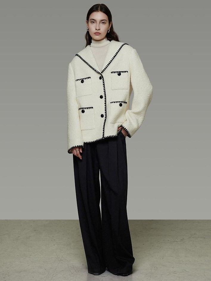 unspoken Lambswool Blend Tailored Loose Minimal Notch Collar Officewear Women Wool Coats