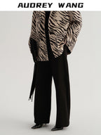 audreyyang Smart Office Natural Waist Zip Fly Polyester Blend Black White Straight Pants
