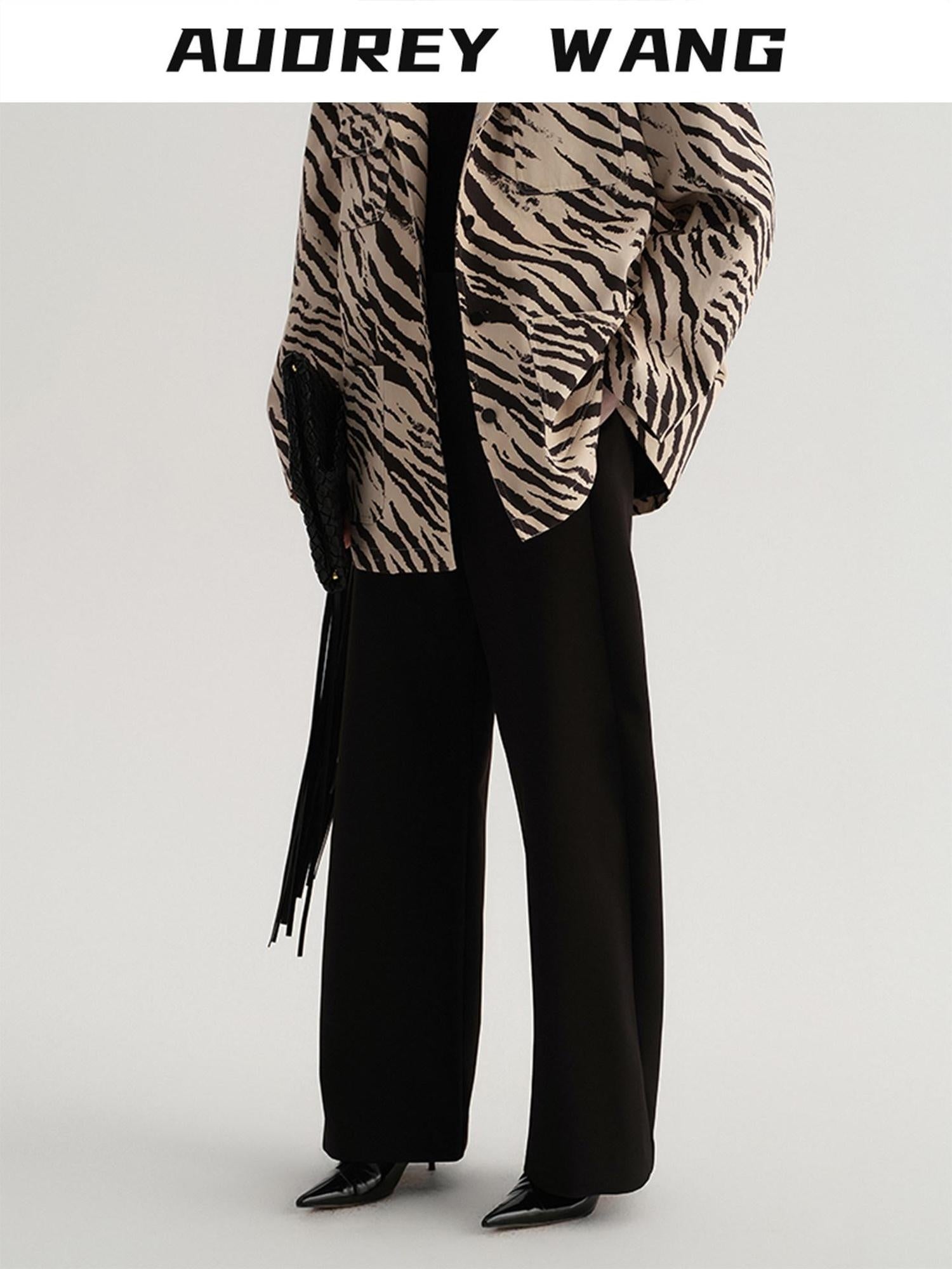 audreyyang Smart Office Natural Waist Zip Fly Polyester Blend Black White Straight Pants