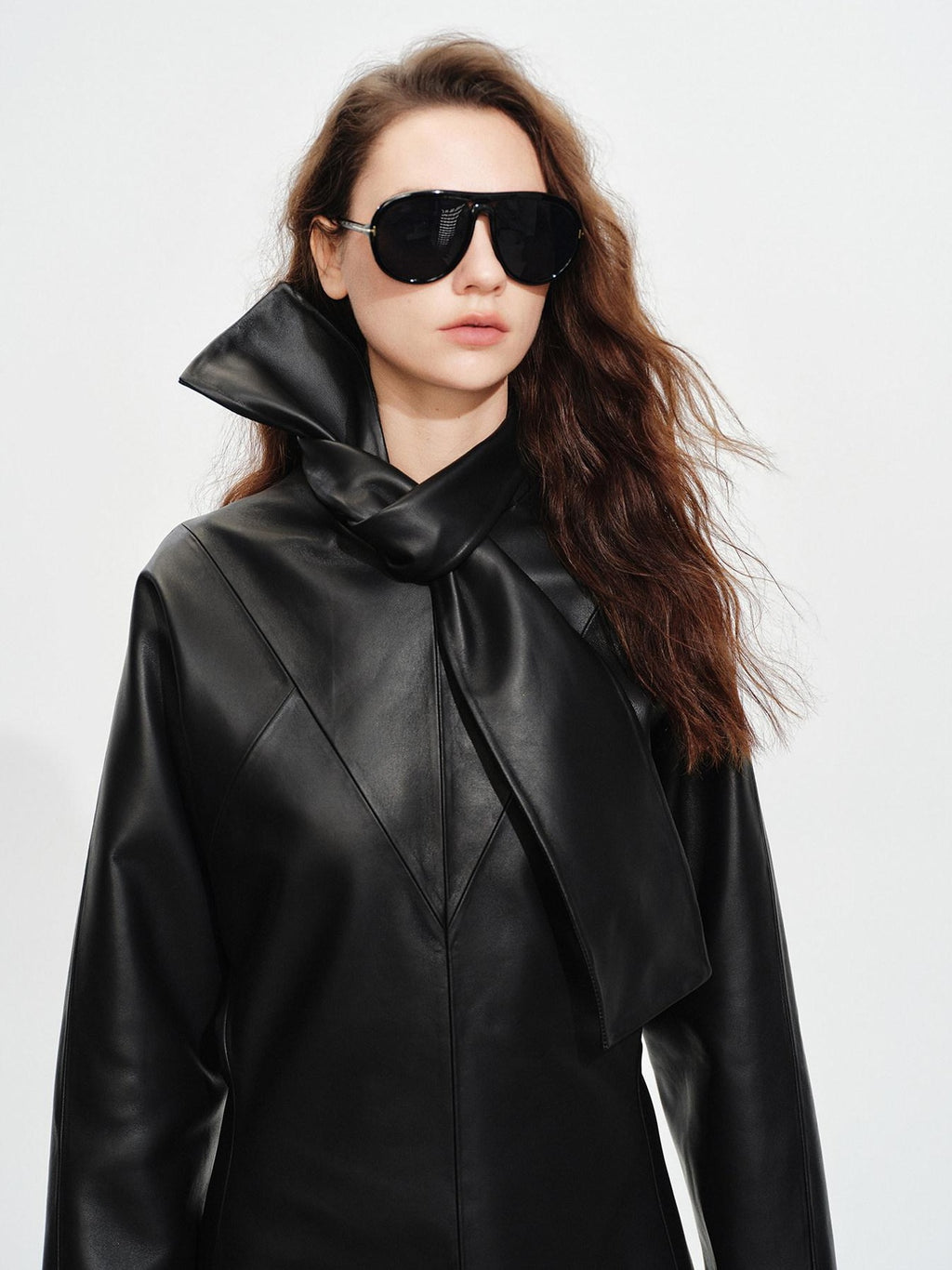 audreyyang Sheepskin Leather Cinched Waist French Tie Neck A Line Work Date Midi Dresses