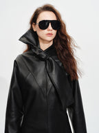 audreyyang Sheepskin Leather Cinched Waist French Tie Neck A Line Work Date Midi Dresses