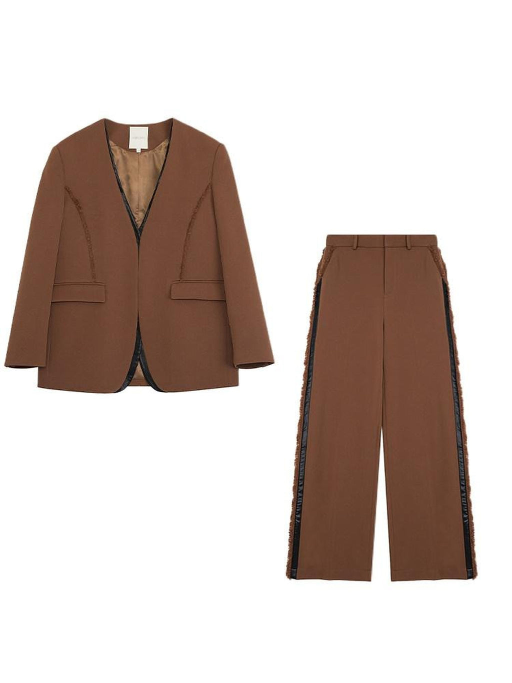 unspoken High Cotton Blend Minimalist Tailored Contrast Brown Black Women Top & Pants Sets