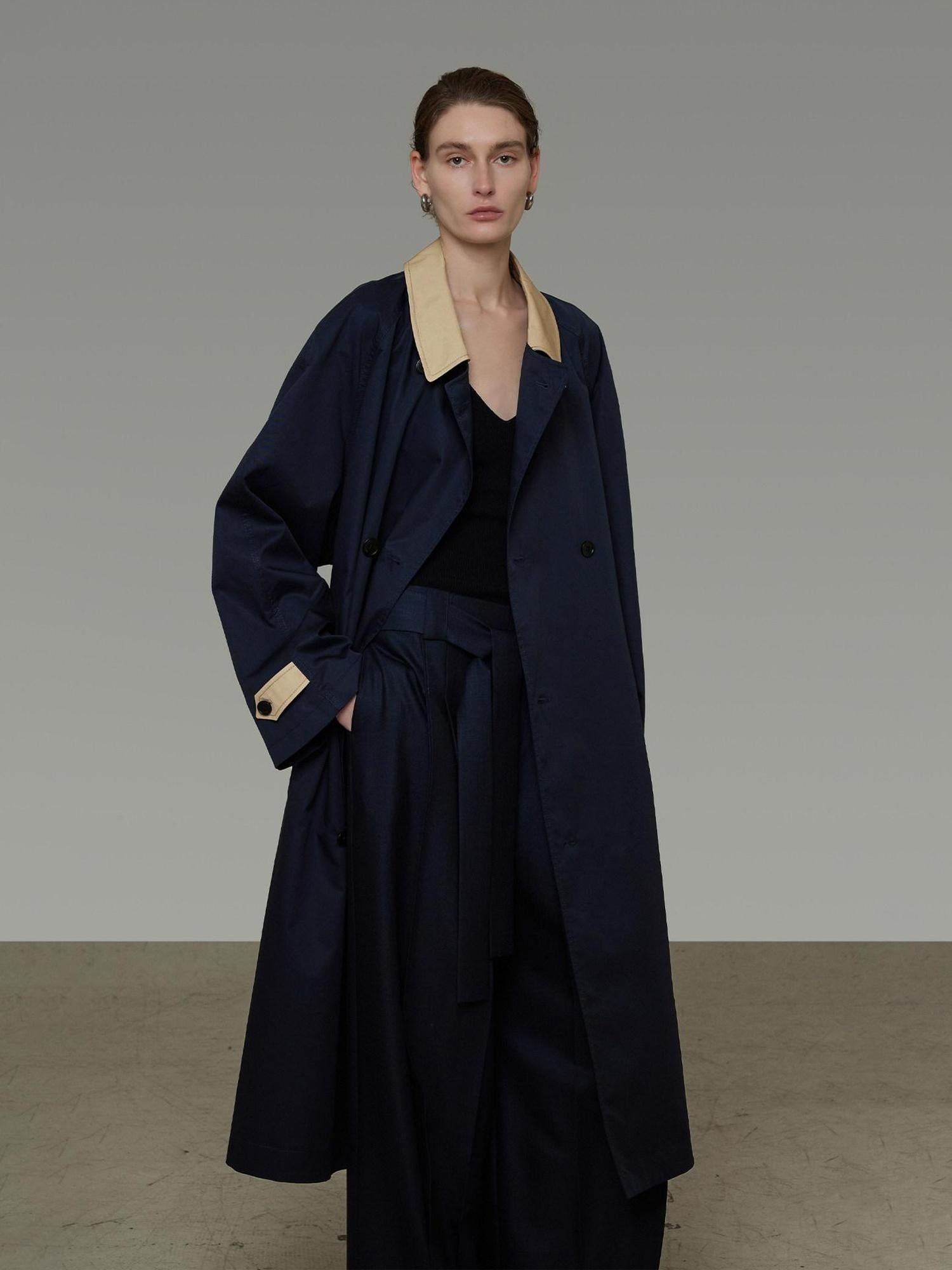 unspoken Minimal Commuter Cotton Loose Fit Single Breasted Long Navy Trench Coats