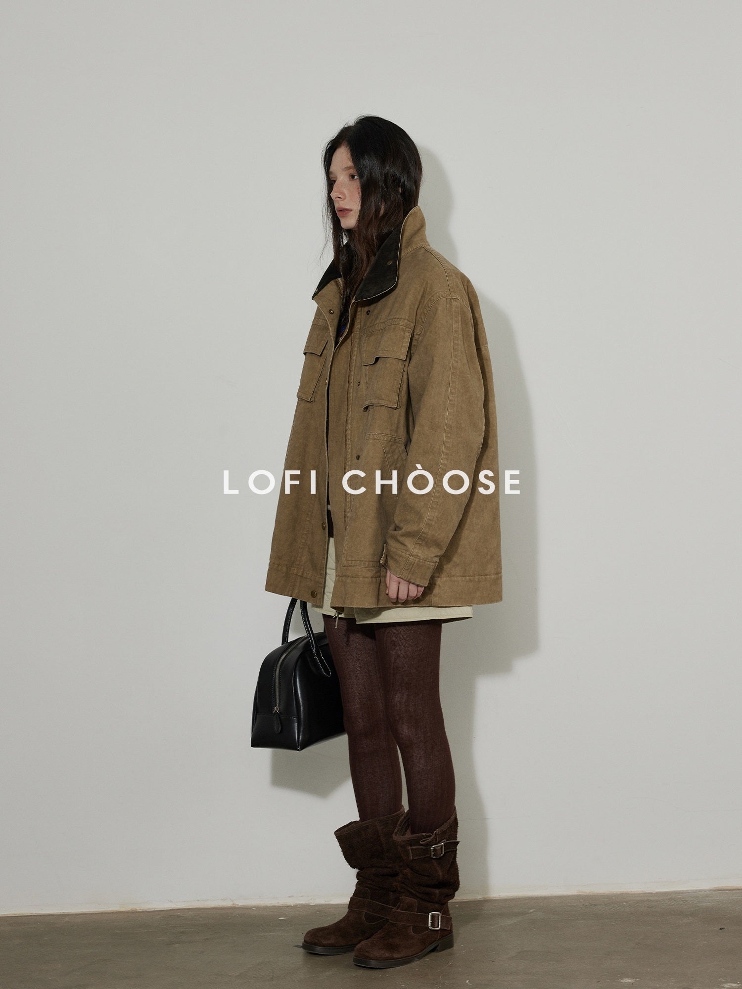 Lofi choose Warm Insulated Oversized Commuter Stand Collar Sand Brown Zip Puffer Jackets