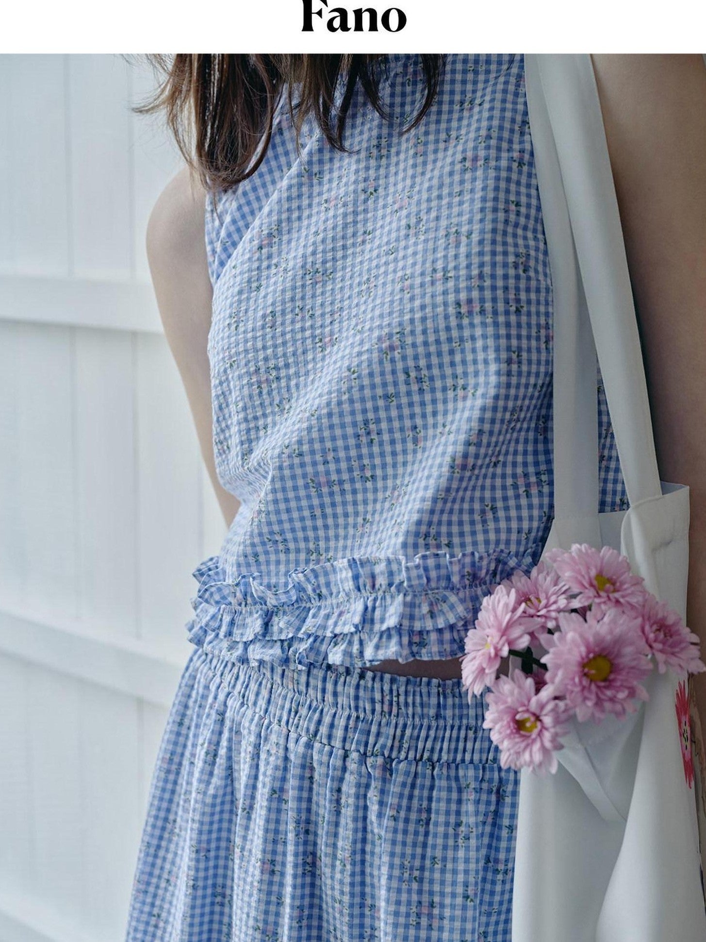 fano 100 Percent Cotton Floral Gingham Ruffle Straight Fit Off Shoulder Crop Tops