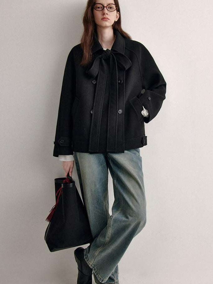 fano Elegant Double Breasted Bow Minimal Straight Fit Black Women Short Coat