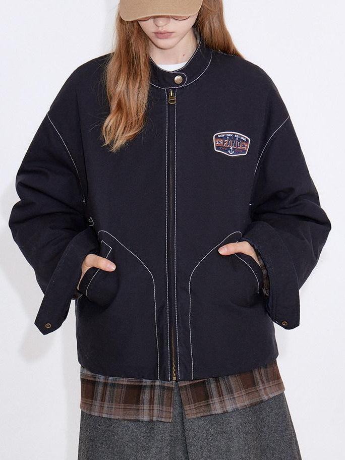 fano Insulated Loose Fit Korean Commuter Stand Collar Zip Front Navy Puffer Jackets