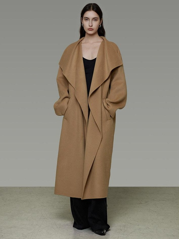 unspoken Thick 100 Percent Sheep Wool Long Loose Lapel Minimalist Sand Brown Wool Coats