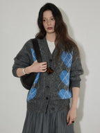 Lofi choose Cozy Wool Blend V-neck Button Front Relaxed Fit Heart Pattern Gray Cardigans