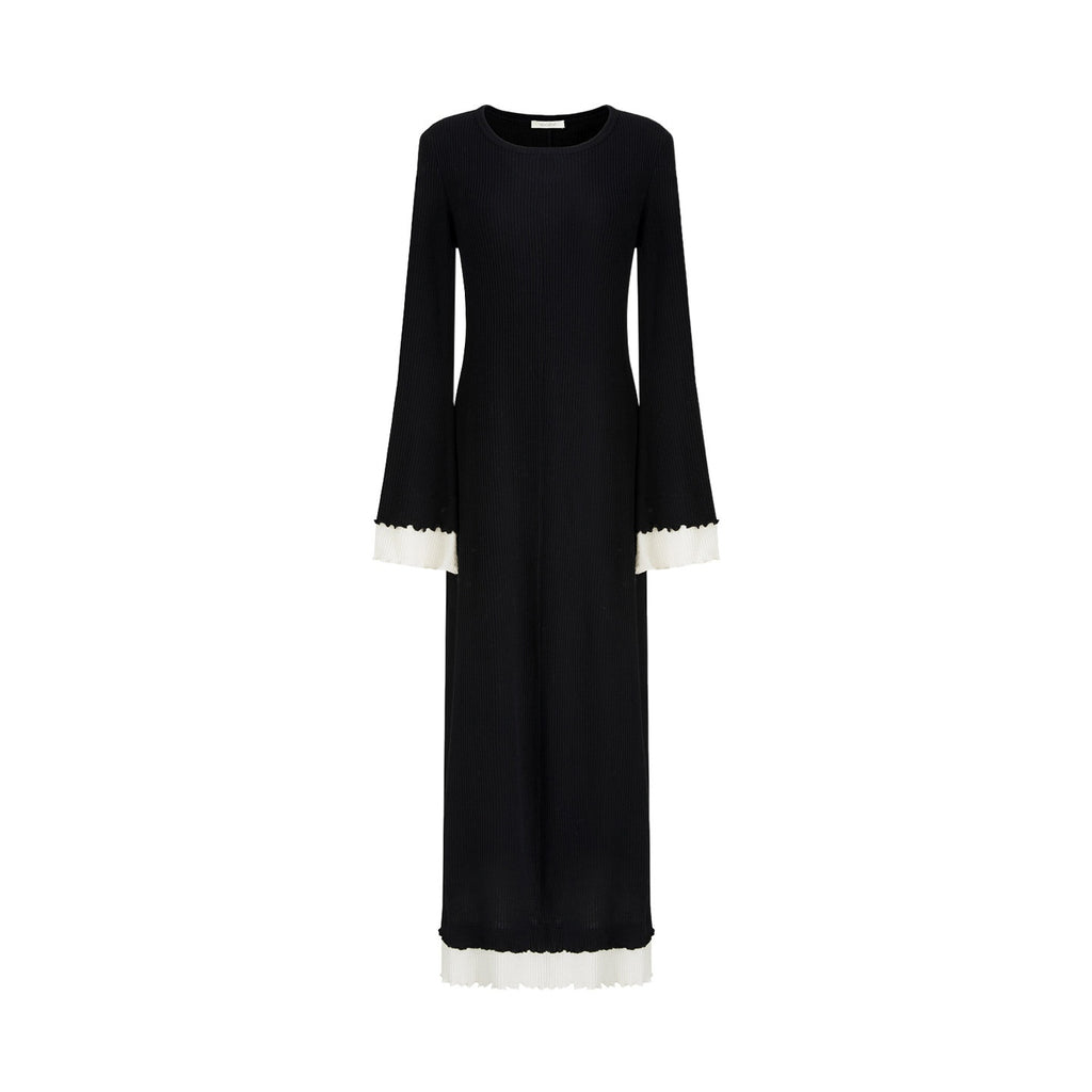 unspoken_Slim_Waist_Colorblock_Aline_Knit_Bell_Sleeve_Office_Women_Breathable_Maxi_Dresses_MISSTT