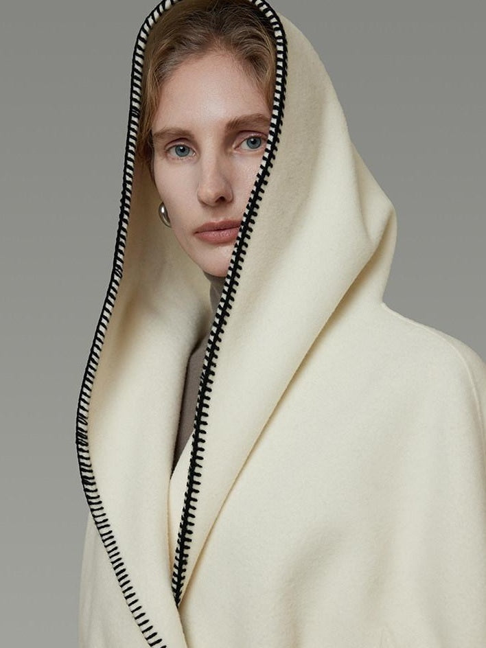 unspoken Thick Hooded Oversized Mid Length Tie Belt Minimalist Commuter White Wool Coats