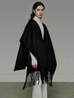 unspoken Pure Sheepswool Fringed Cape Commuter Women Structured Black Wool Coats