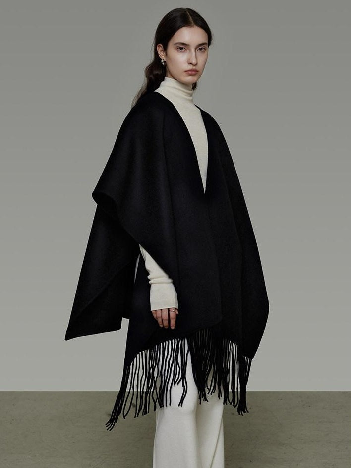 unspoken Pure Sheepswool Fringed Cape Commuter Women Structured Black Wool Coats