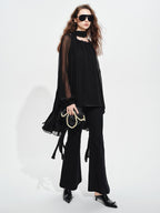 audreyyang Beaded Silk Elegant Loose Lantern Sleeve Tie Neck Black Midi Dresses