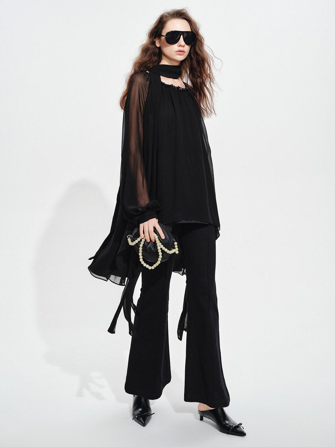 audreyyang Beaded Silk Elegant Loose Lantern Sleeve Tie Neck Black Midi Dresses