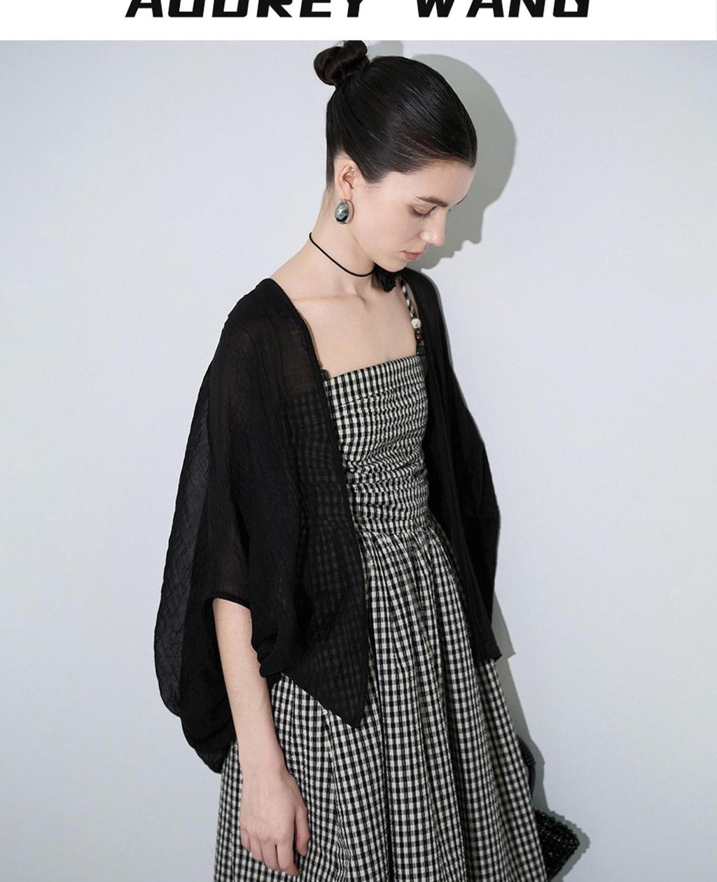 audreyyang Light Hemp Knit Relaxed Batwing V-neck Women Black Open Front Cardigans