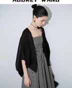 audreyyang Light Hemp Knit Relaxed Batwing V-neck Women Black Open Front Cardigans