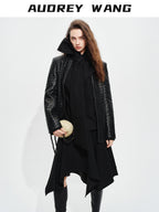 audreyyang Soft Lambskin Vintage Loose Fit Collarless Black Woven Women Leather Jackets