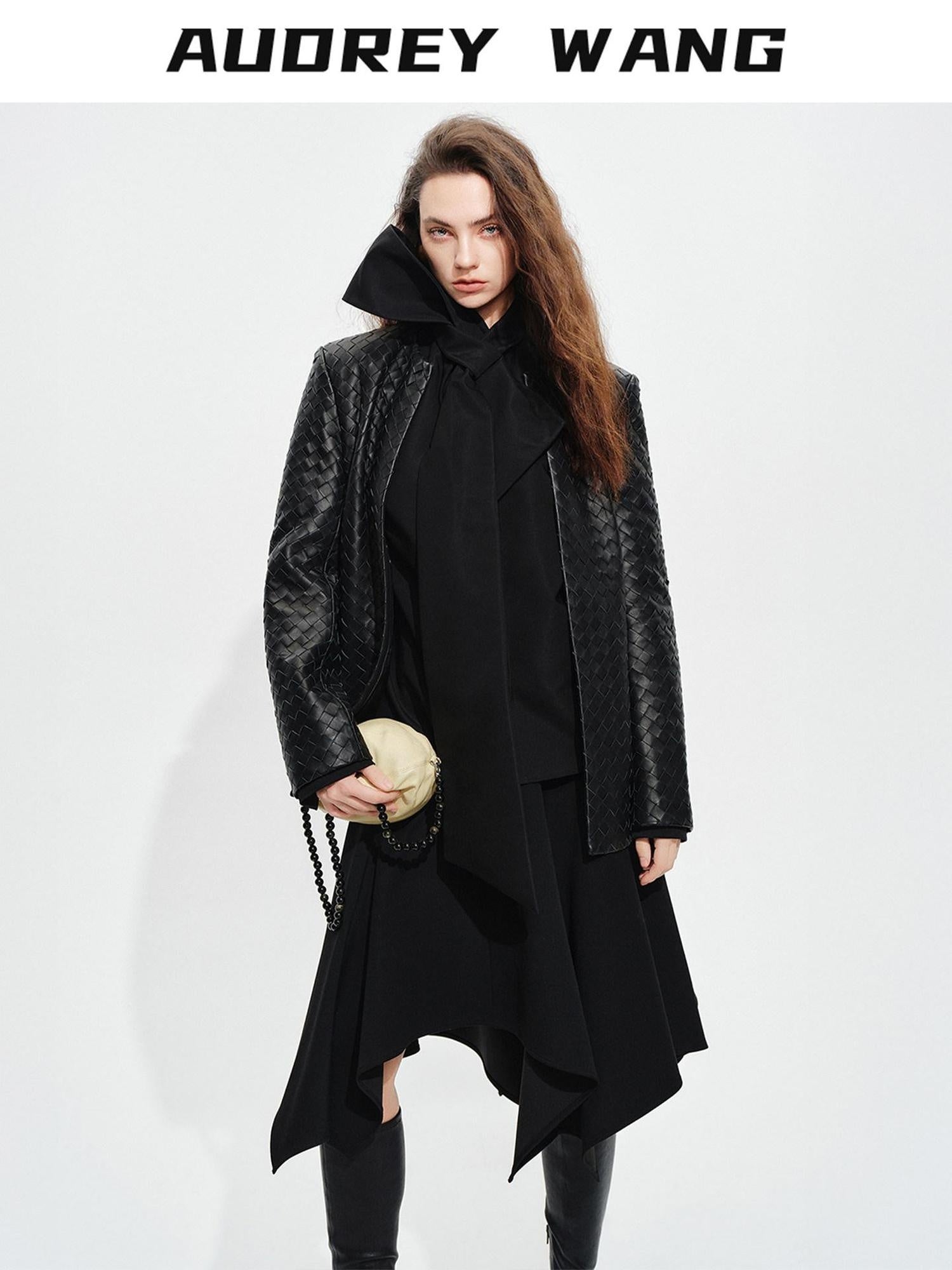 audreyyang Soft Lambskin Vintage Loose Fit Collarless Black Woven Women Leather Jackets