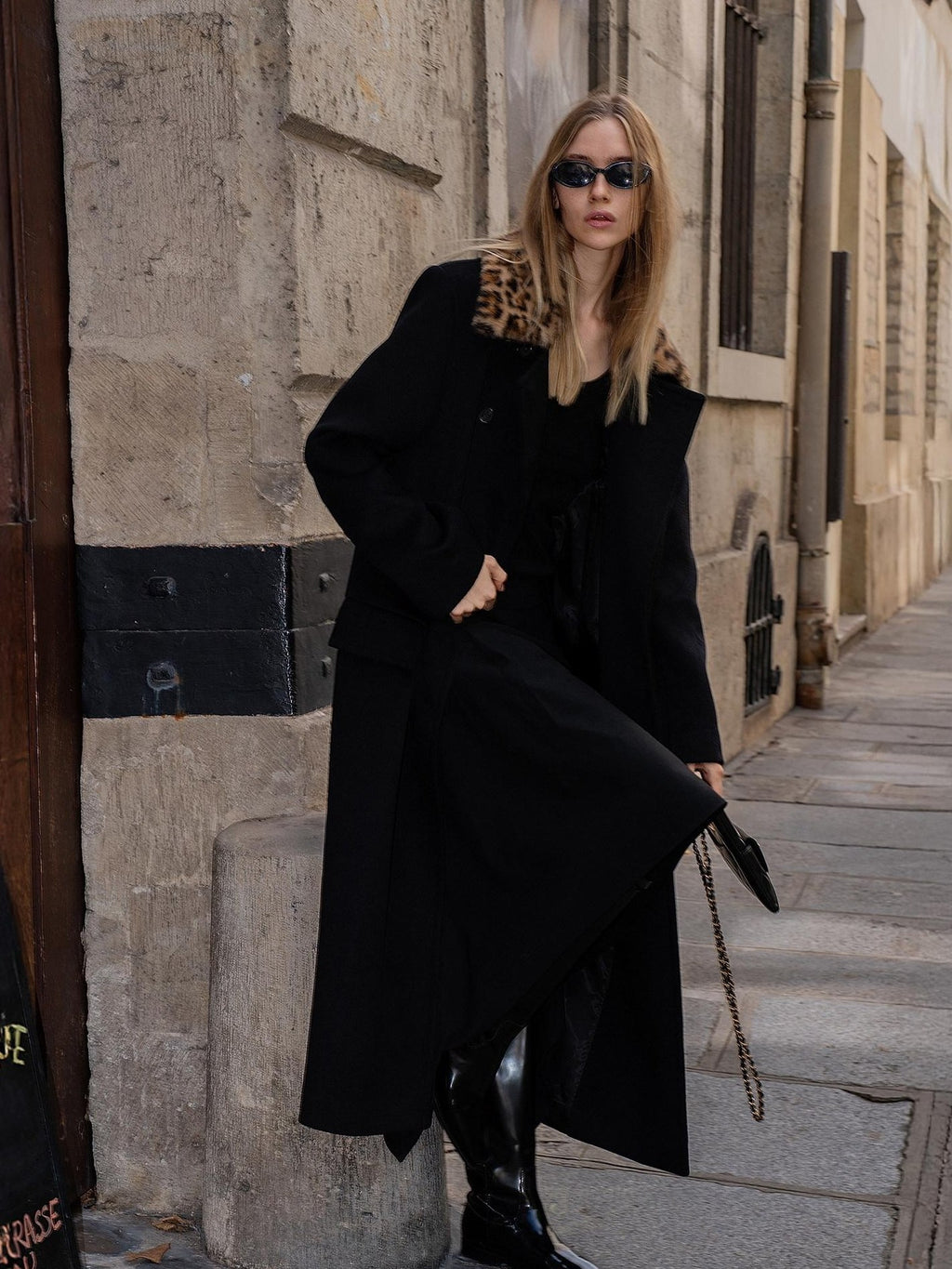 audreyyang 100% Sheep Wool Double Breasted Midlength Straight Women Black Wool Coats