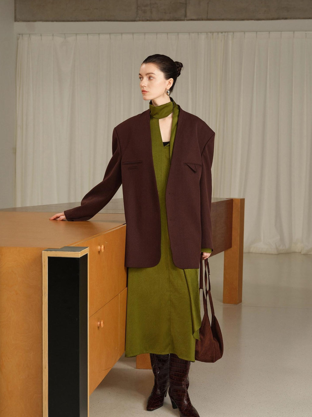 audreyyang Original Loose Fit Herringbone Wool Collarless Open Front Casual Women Blazers