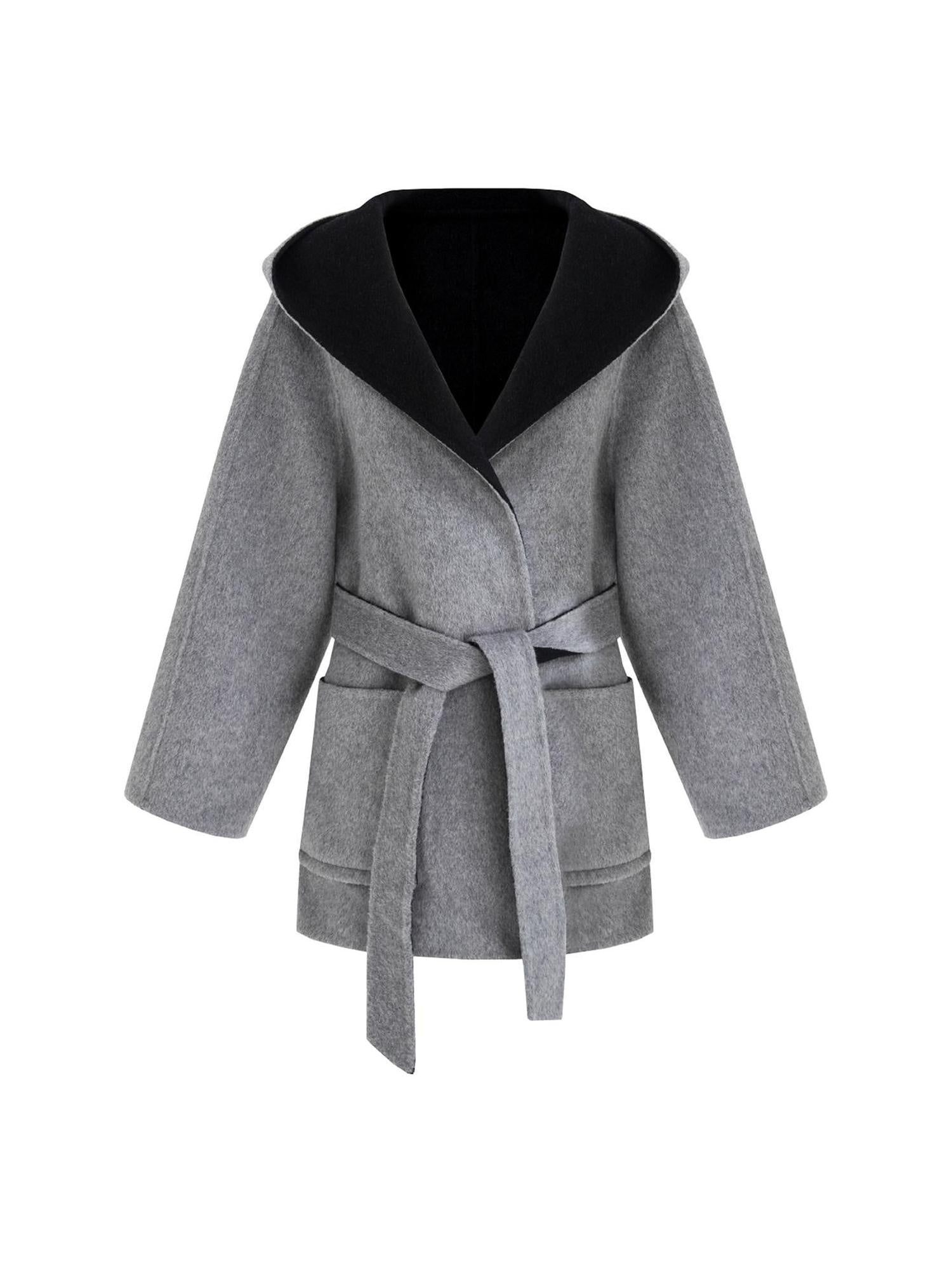 unspoken Minimal Commute Relaxed Fit Hooded Tie Waist Sculpted Cut Black Gray Wool Coats
