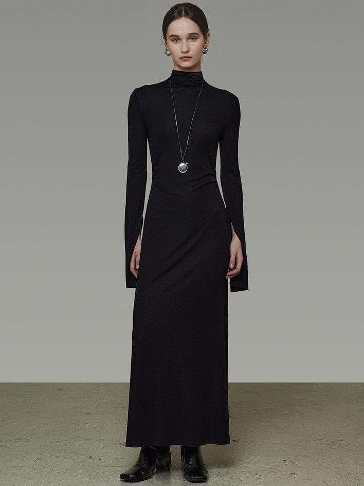 unspoken Soft Breathable Viscose Knit High Waist Aline Slim Black Maxi Dresses