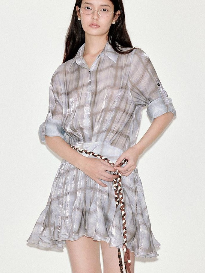 fano Plaid Korean Workwear A Line Natural Waist Mid Sleeve Khaki Midi Dresses