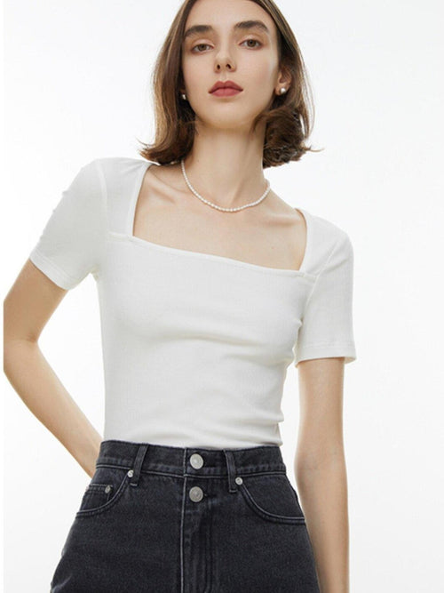fano Creative Square Neck Slim Fit Minimalist Women Black White Short Sleeve T-Shirts