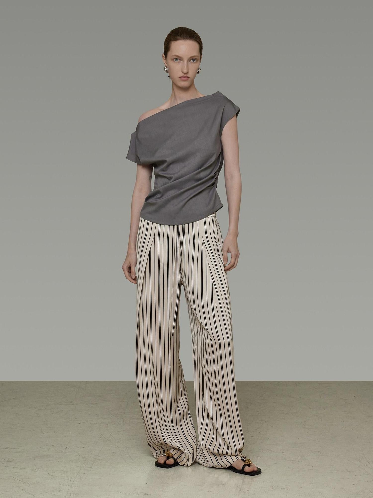unspoken Minimalist High Waist Elastic Office Loose Striped Polyester Wide Leg Pants