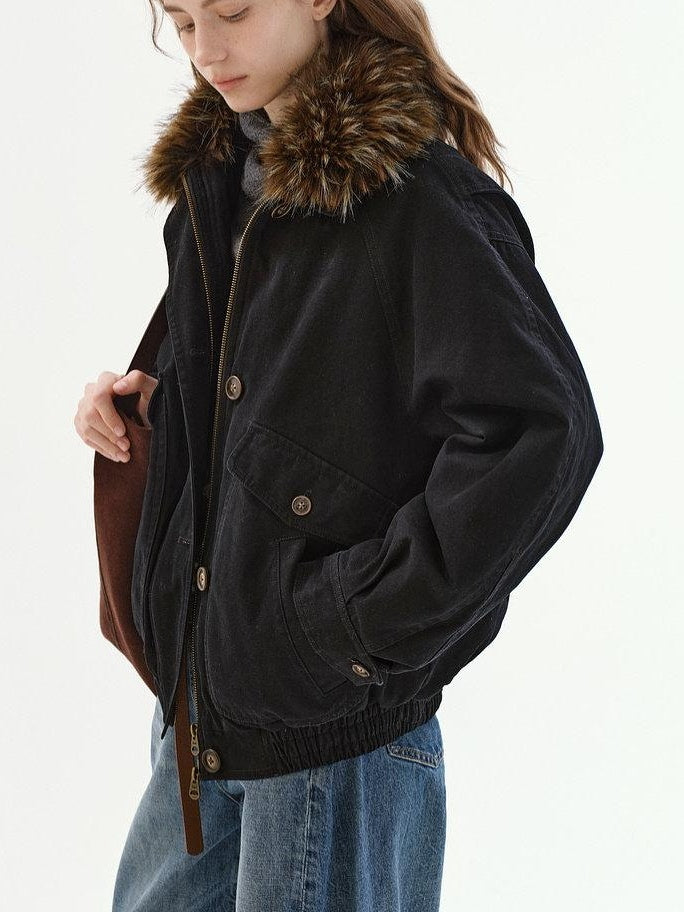 fano Warm 90% White Duck Down Fur Collar Loose High Waist Minimal Black Down Jackets