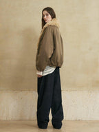 someonesometimes Cozy Commuter Cotton Blend Relaxed Short Collar Gray Brown Olive Puffer Jackets
