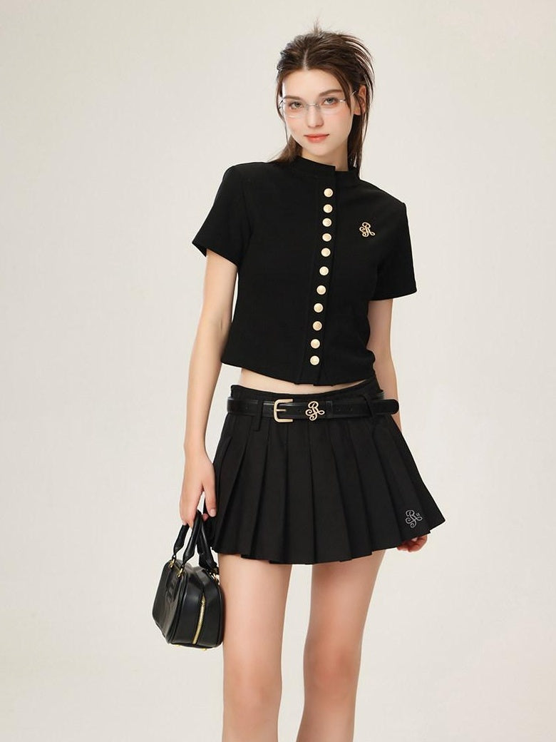 ikyou 3D Embellished Minimal Slim Short Sleeve Stand Collar Black Knit Women Cardigans