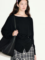 fano Soft Wool Blend Relaxed Loose Batwing Boat Neck Womens Knit Sweaters