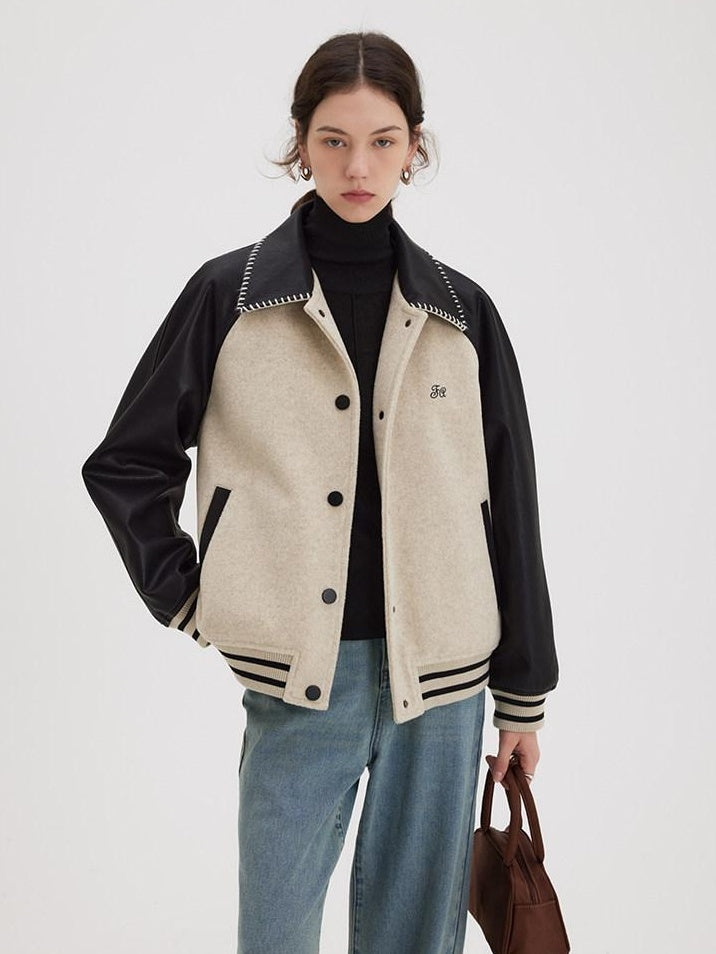 fano Shell Embroidered Commuter Loose Wool Raglan Women Colorblock Bomber Jackets